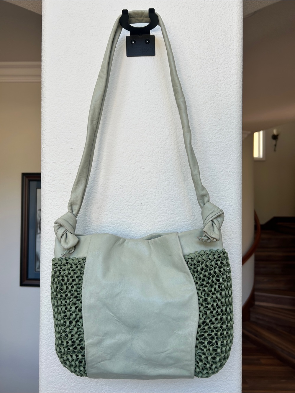 Neiman Marcus Sage Green Leather Shoulder Bag with Woven Sides